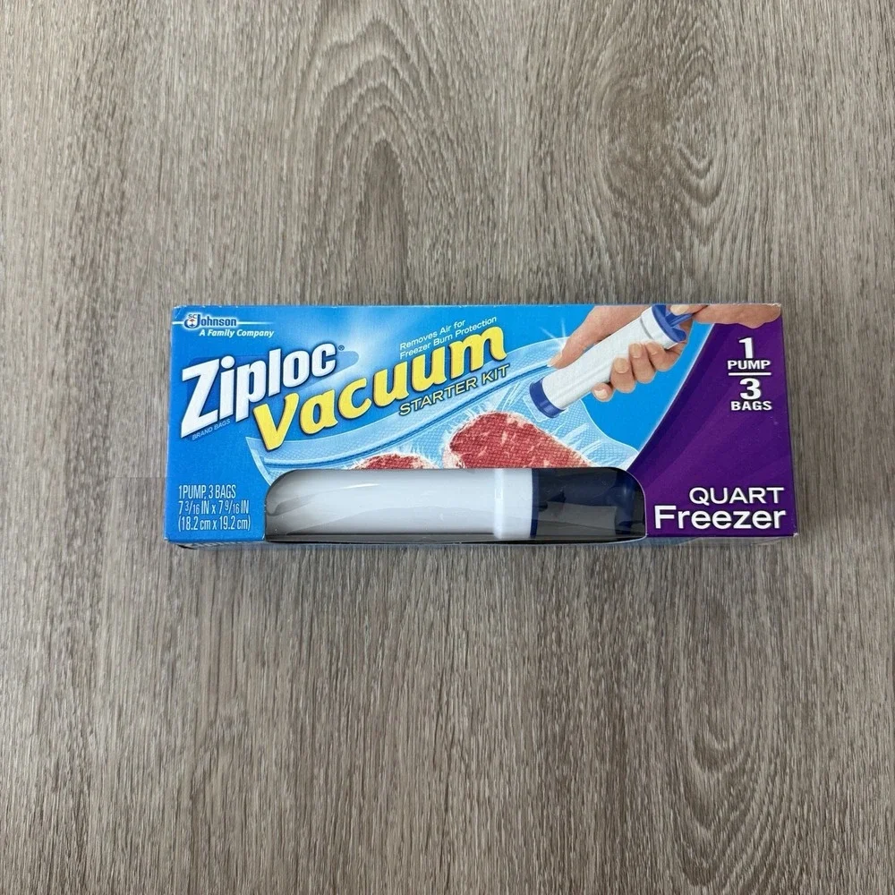 NEW Ziploc Vacuum Starter Kit Hand Pump w/ 3 Quart Freezer Bags DISCONTINUED
